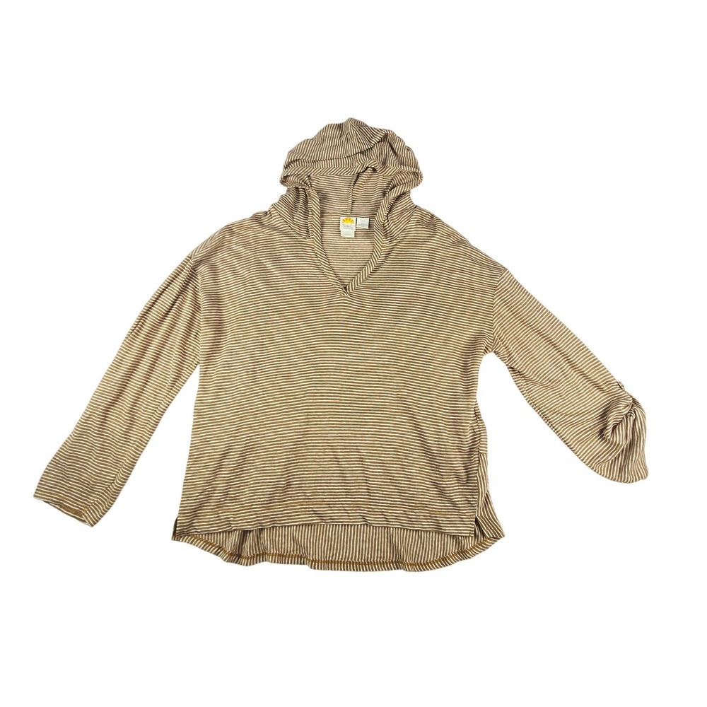 C&C California Striped Linen Hoodie Women XL Tan White Roll Tab Sleeve Pullover - Picture 2 of 9